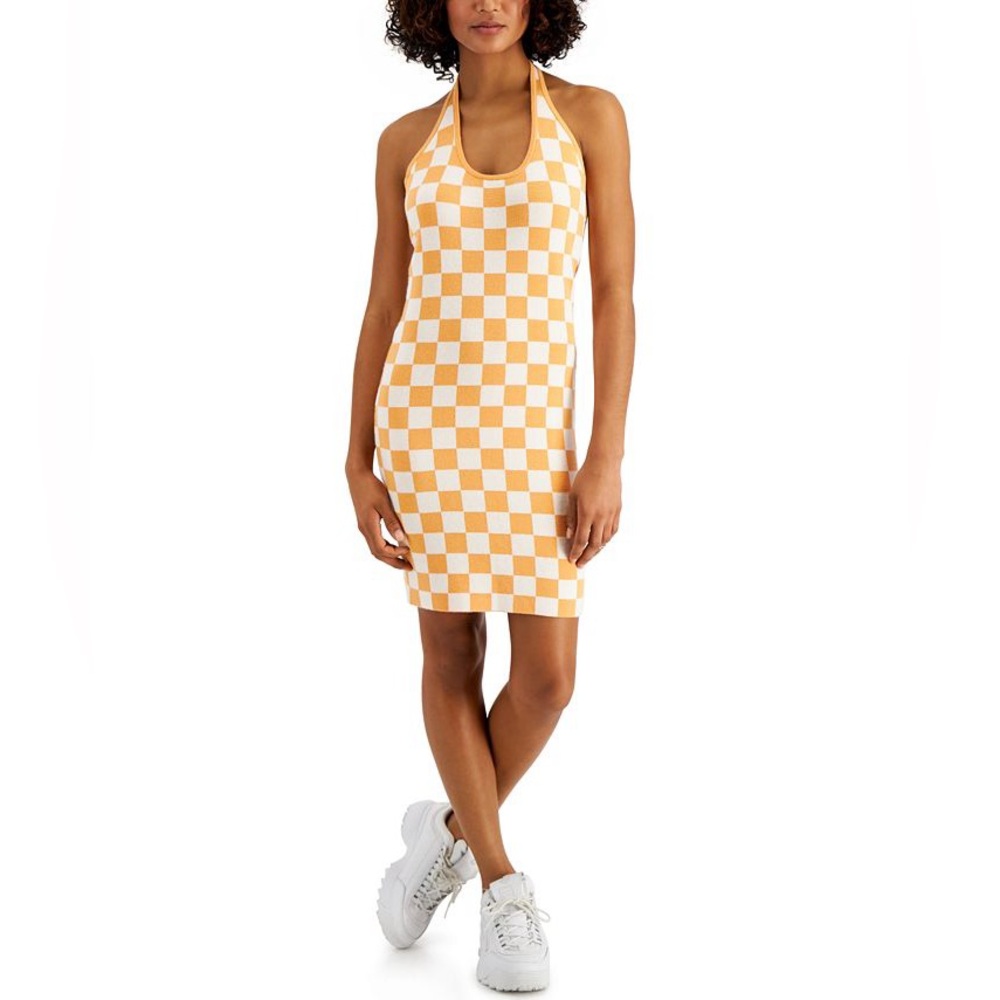 Princess Polly Orange and White Checkered Sweater Halter Dress - Small/ Medium